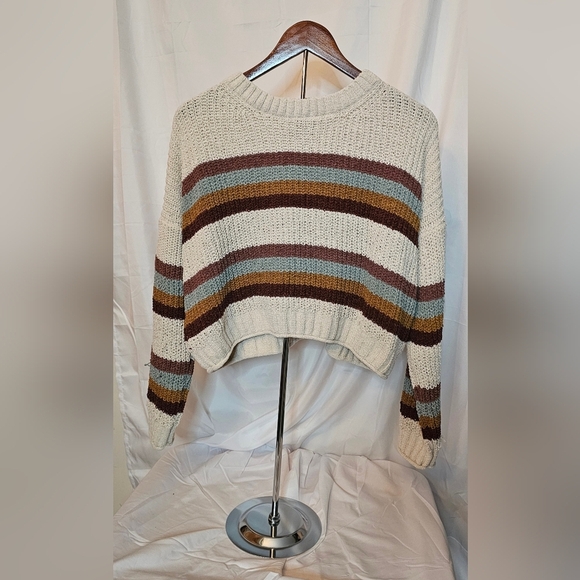 Pink Rose Sweaters - Pink Rose Striped Cropped Sweater Multicolor Crewneck Slouchy Knit